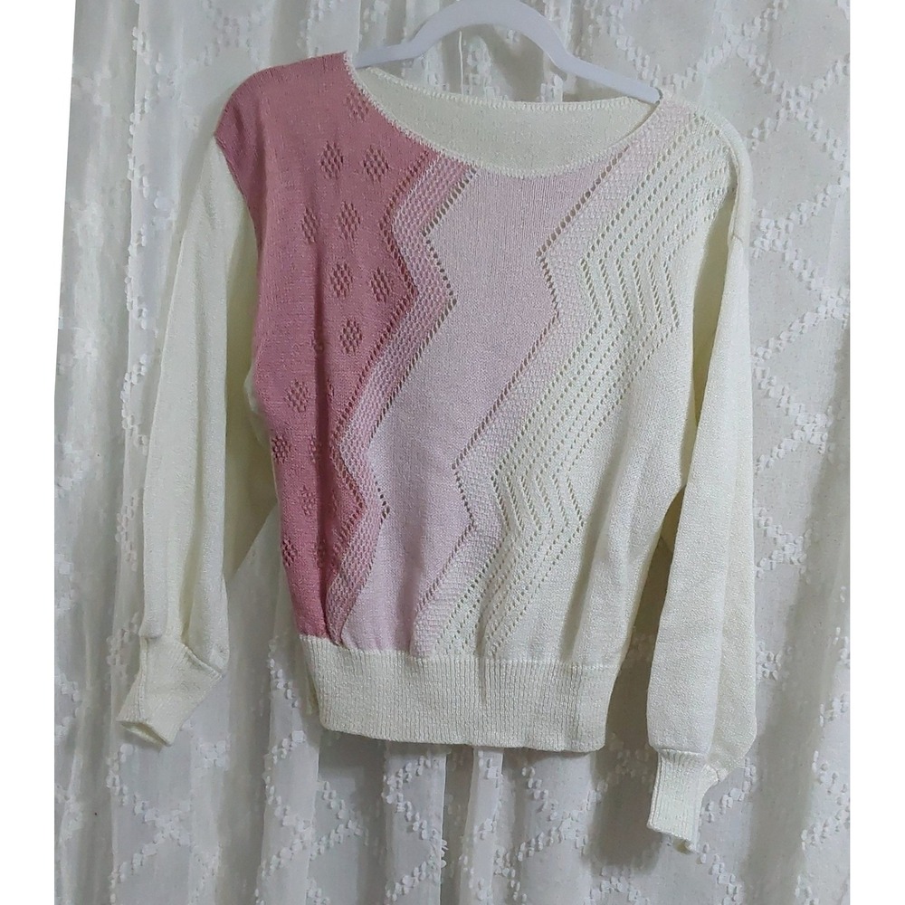 Vintage Style Pink Cream Chevron Pointelle Knit Sweater Long Sleeve Women Medium
